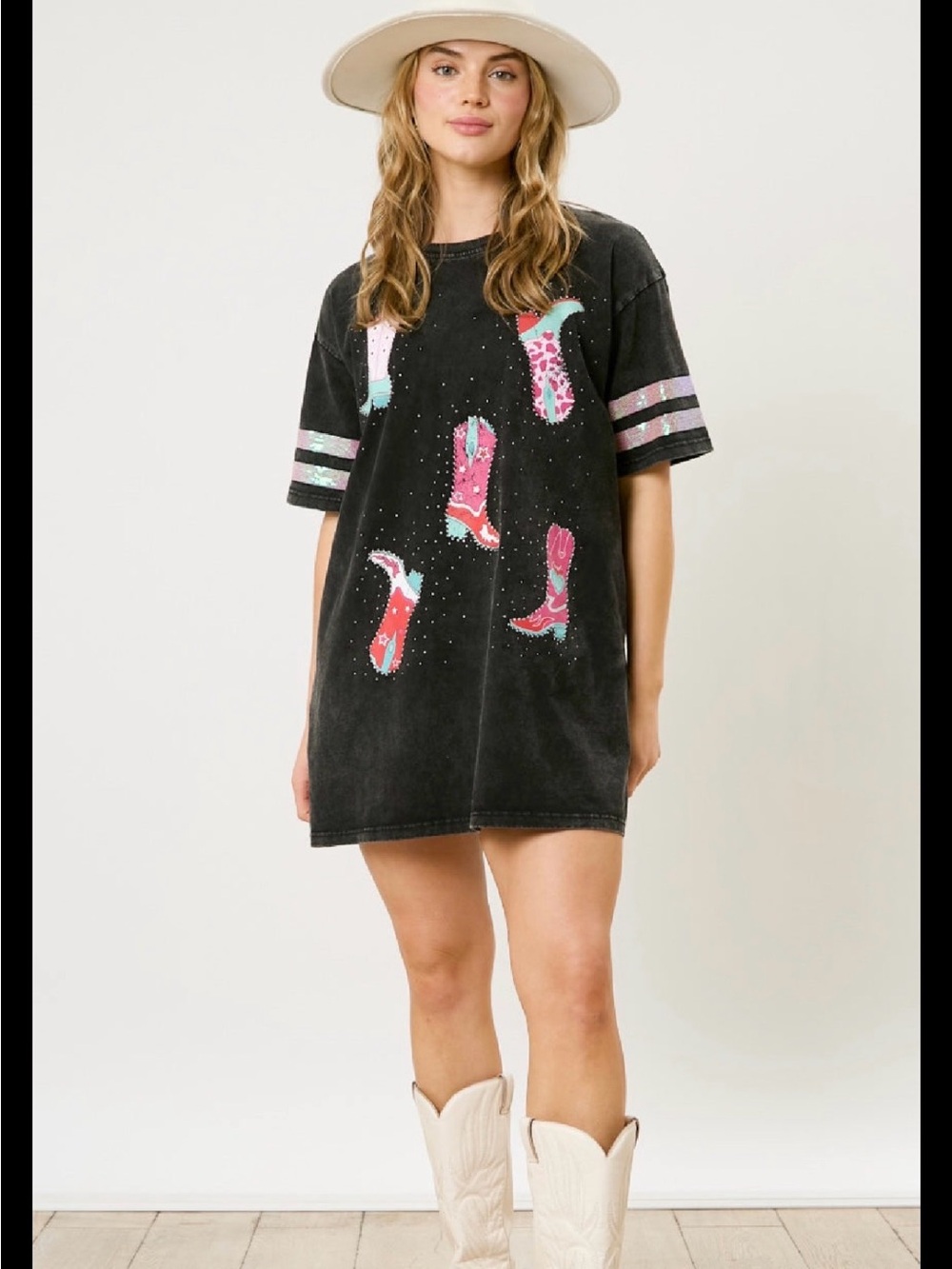 Fantastic Fawn Black Tee Dress with Pink and Turquoise Boot Graphics